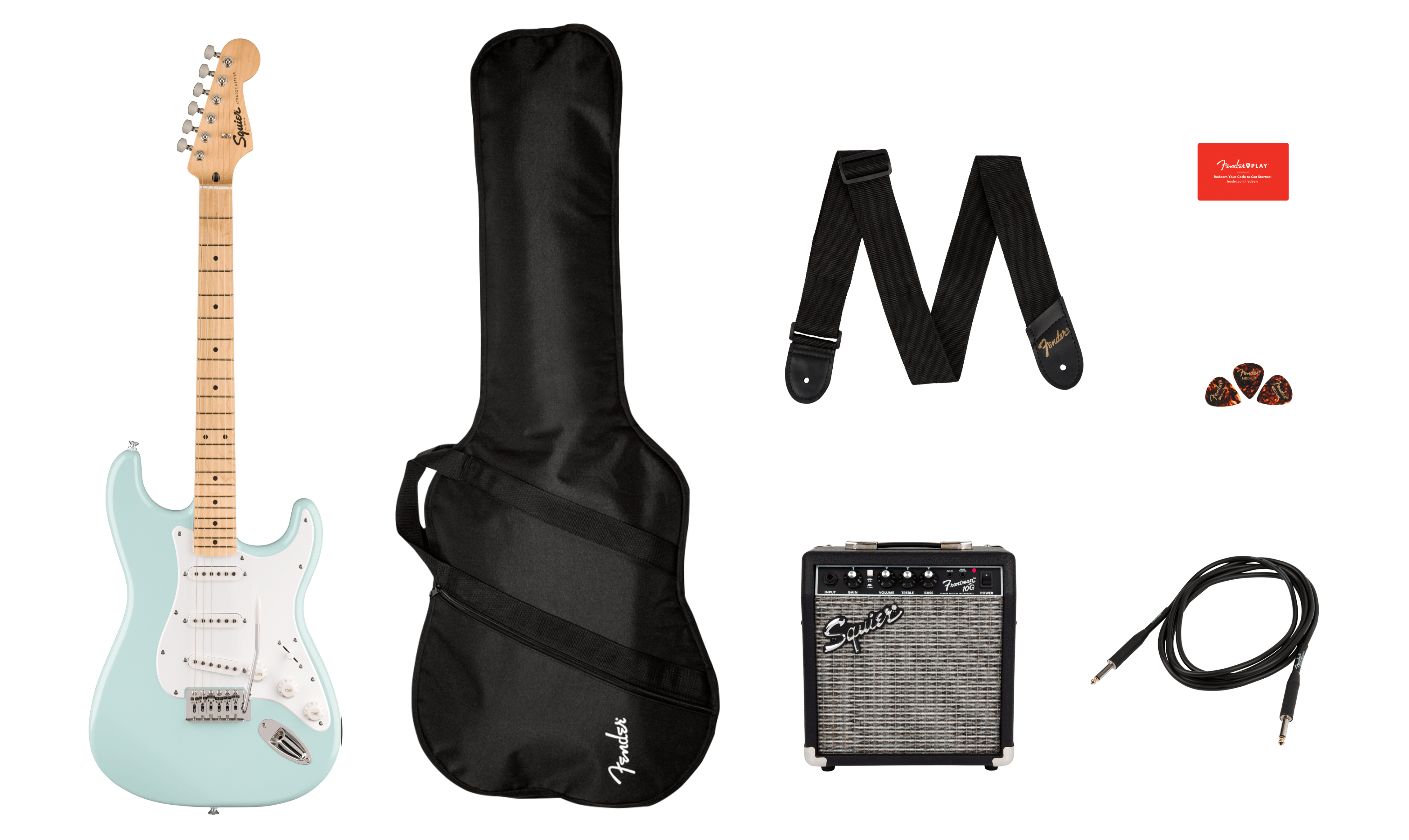 Squier® FSR Squier Sonic® Stratocaster® Pack, Maple Fingerboard, White Pickguard, Sonic Blue, Gig Bag, Frontman® 10G - 230V